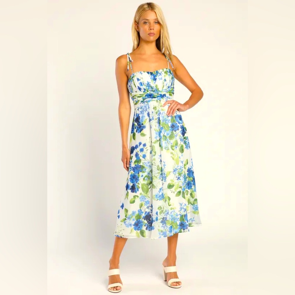 Lulu’s Pretty Poetic White Floral Print Pleated Tie-Strap Dress
